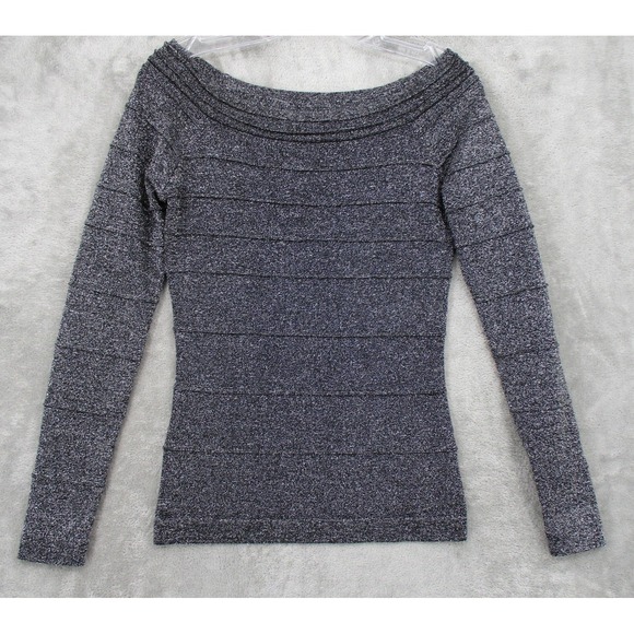 Vintage Cache Sweater Small Silver Metallic Off Shoulder Tiered Shimmer Bodycon - Picture 1 of 9